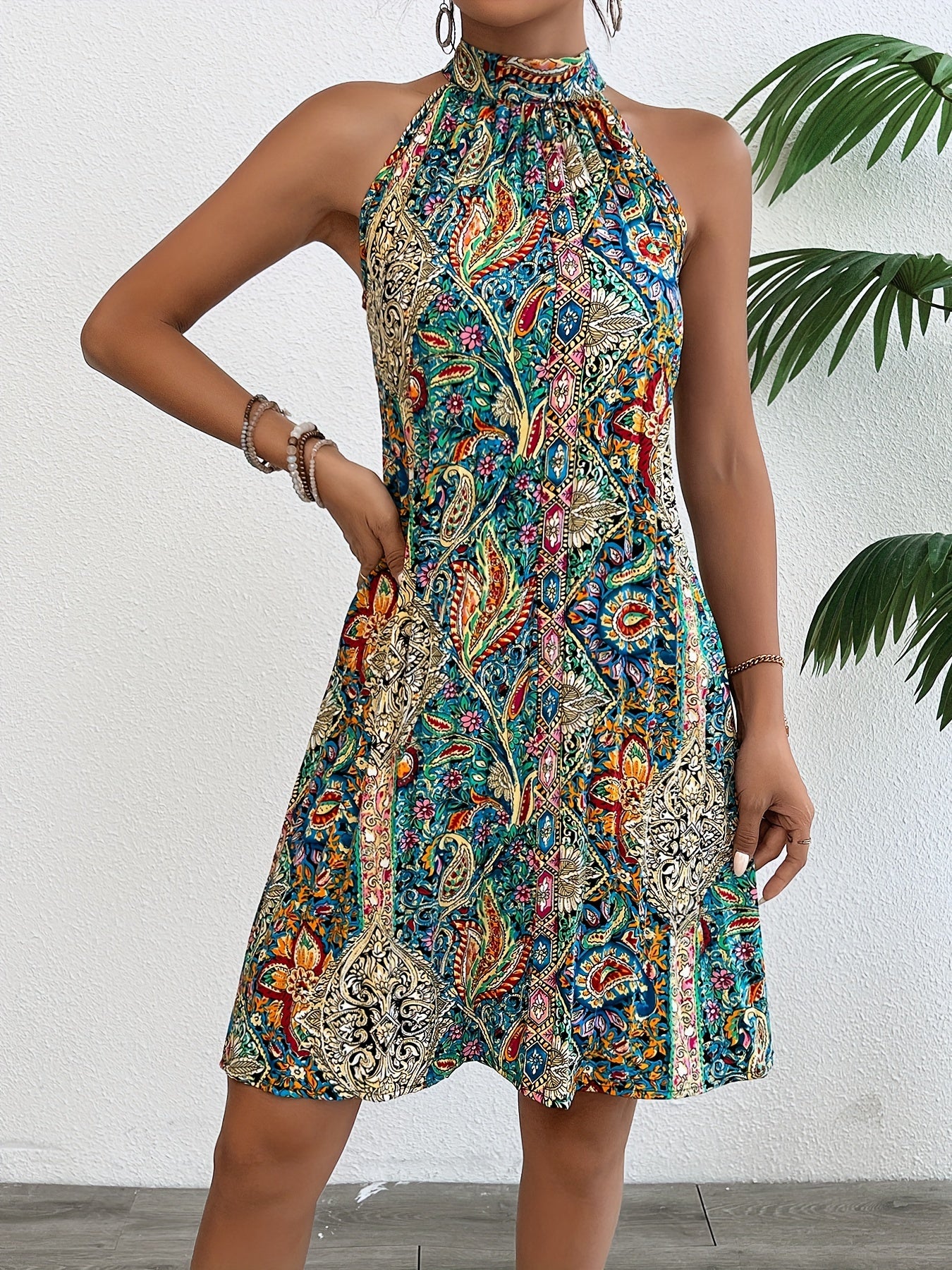 Vibrant Geometric Print Tunic Dress - Elegant Halter Neck, Sleeveless, Polyester, Machine Washable, Perfect for Summer - Womens Clothing