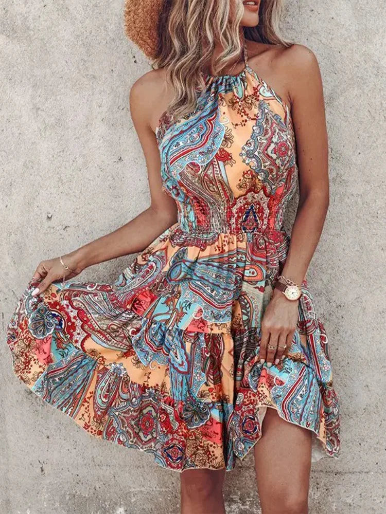 Sexy Backless Printed Mini Dress for Women – Summer Party Style