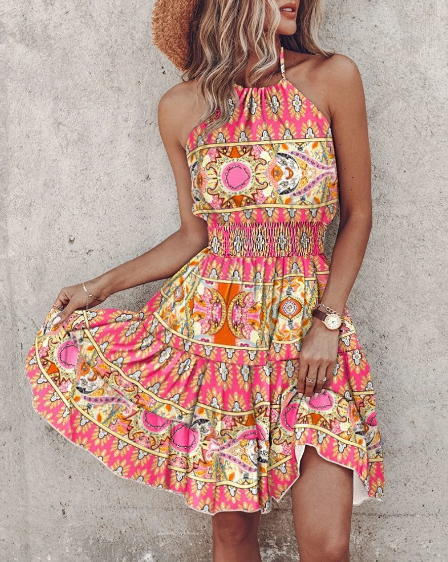 Sexy Backless Printed Mini Dress for Women – Summer Party Style