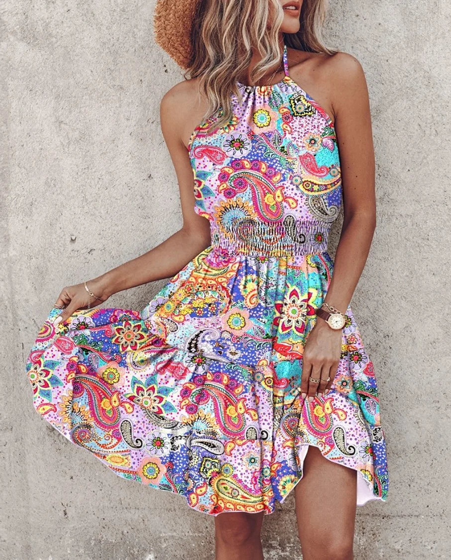Sexy Backless Printed Mini Dress for Women – Summer Party Style