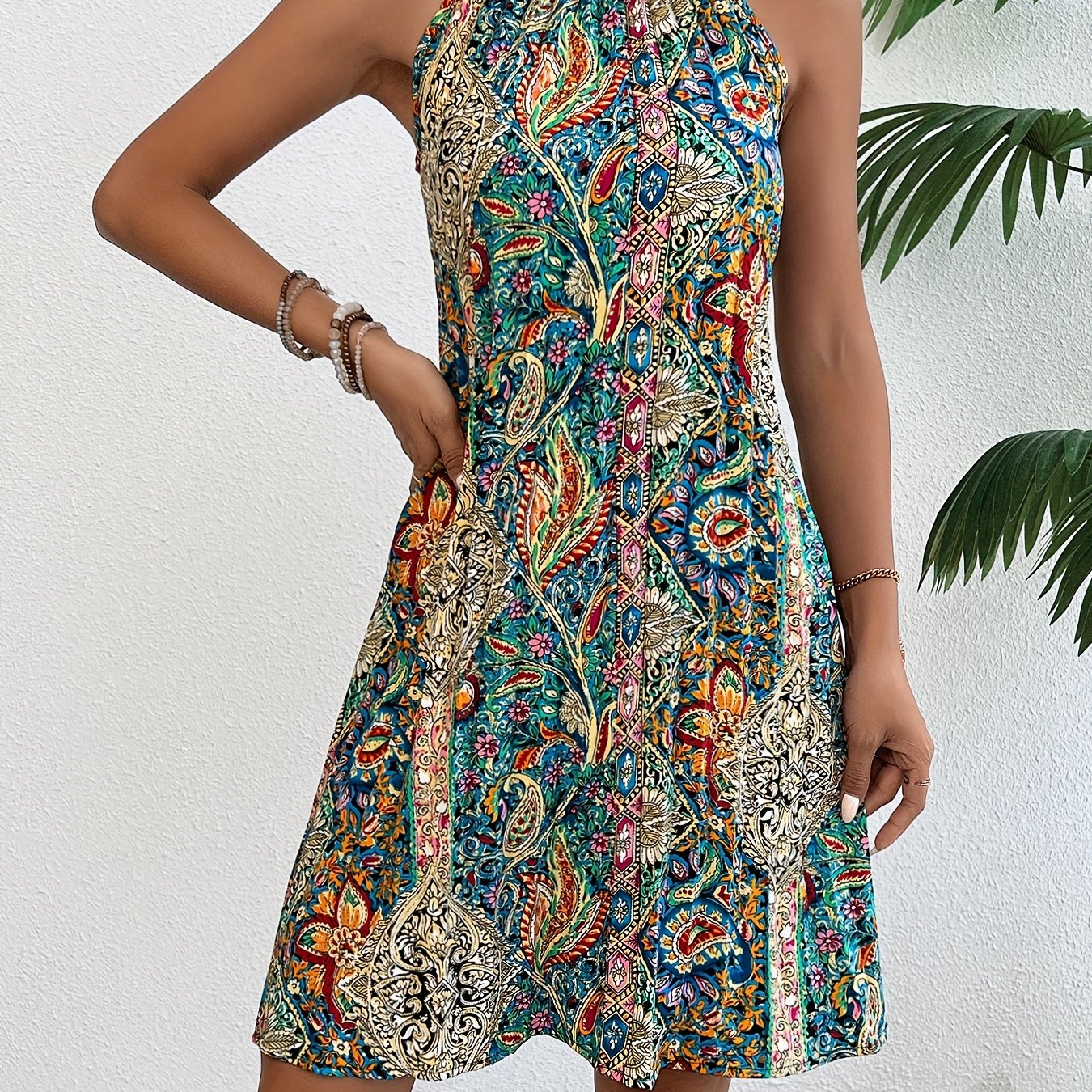 Vibrant Geometric Print Tunic Dress - Elegant Halter Neck, Sleeveless, Polyester, Machine Washable, Perfect for Summer - Womens Clothing