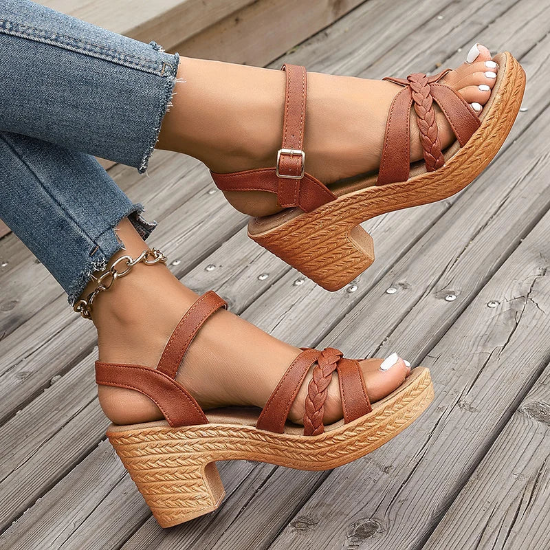 Women Platform Sandalias Cross Band Chunky Heeled Sandles