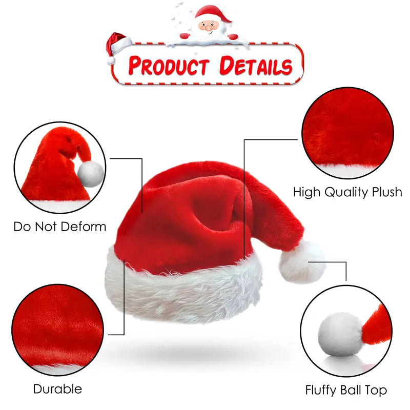 Christmas santa hat Long plush holiday red hat for adults and kids Unisex New year festive party