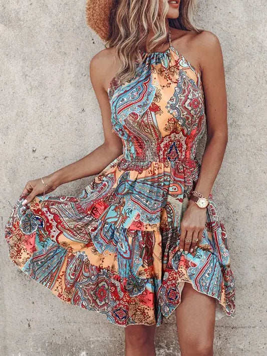 Sexy Backless Printed Mini Dress for Women – Summer Party Style