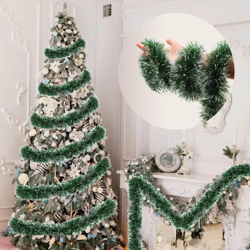 Green and White Christmas tinsel from 2 to 20 meters. For decorating a room or a Christmas tree.