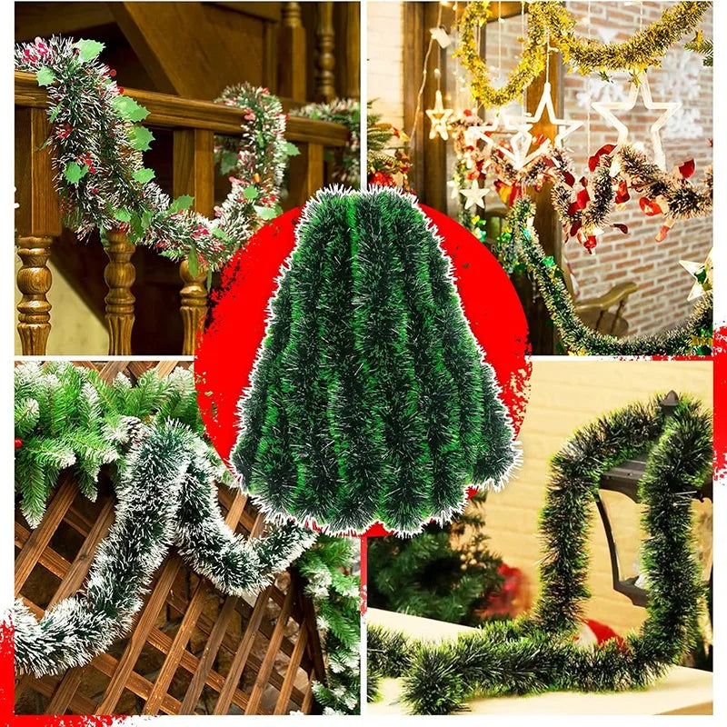 Green and White Christmas tinsel from 2 to 20 meters. For decorating a room or a Christmas tree.