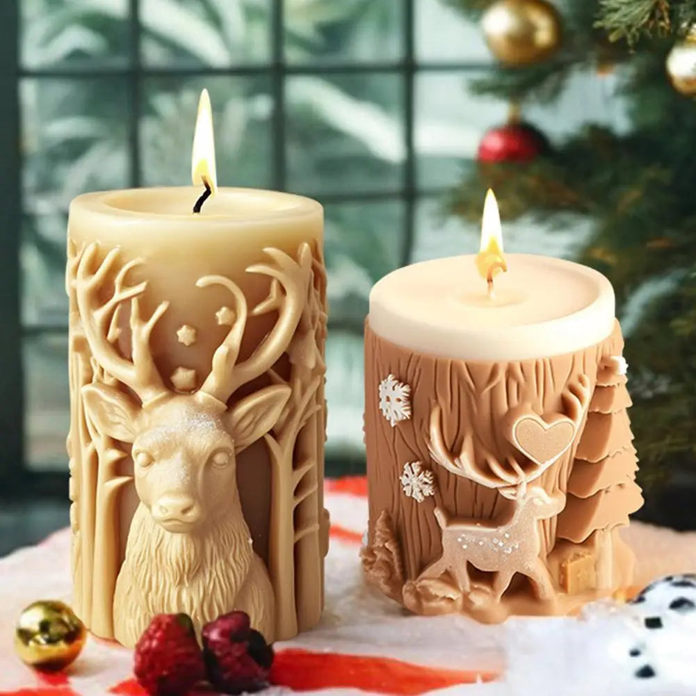 Christmas Tree Carving Pattern Cylindrical Candle 3D Silicone Mold Reindeer Snowflake Cylindrical Elk Candle Mold