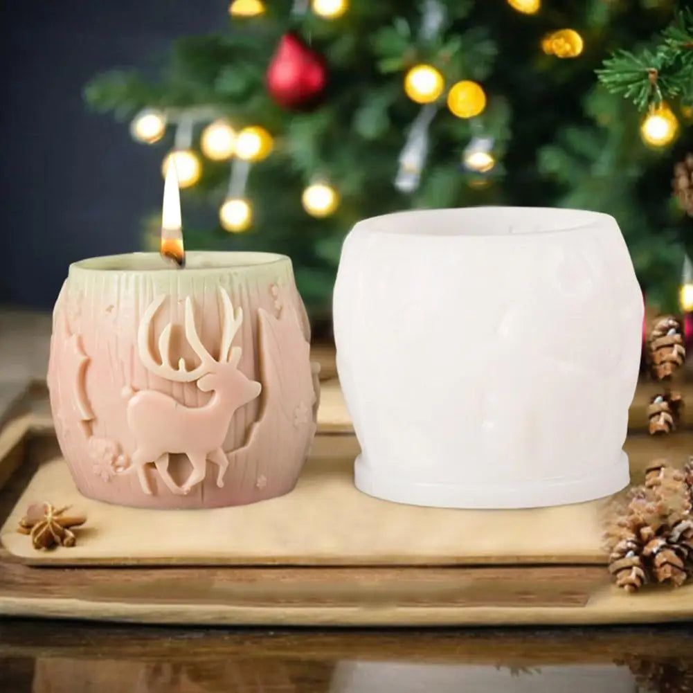 Christmas Tree Carving Pattern Cylindrical Candle 3D Silicone Mold Reindeer Snowflake Cylindrical Elk Candle Mold