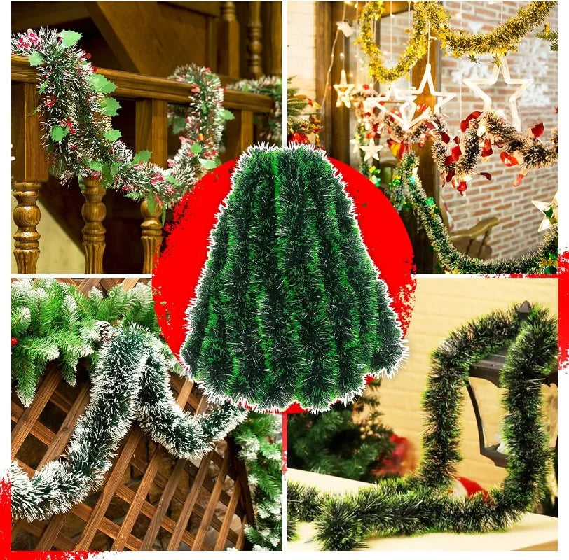 Green and White Christmas tinsel from 2 to 20 meters. For decorating a room or a Christmas tree.