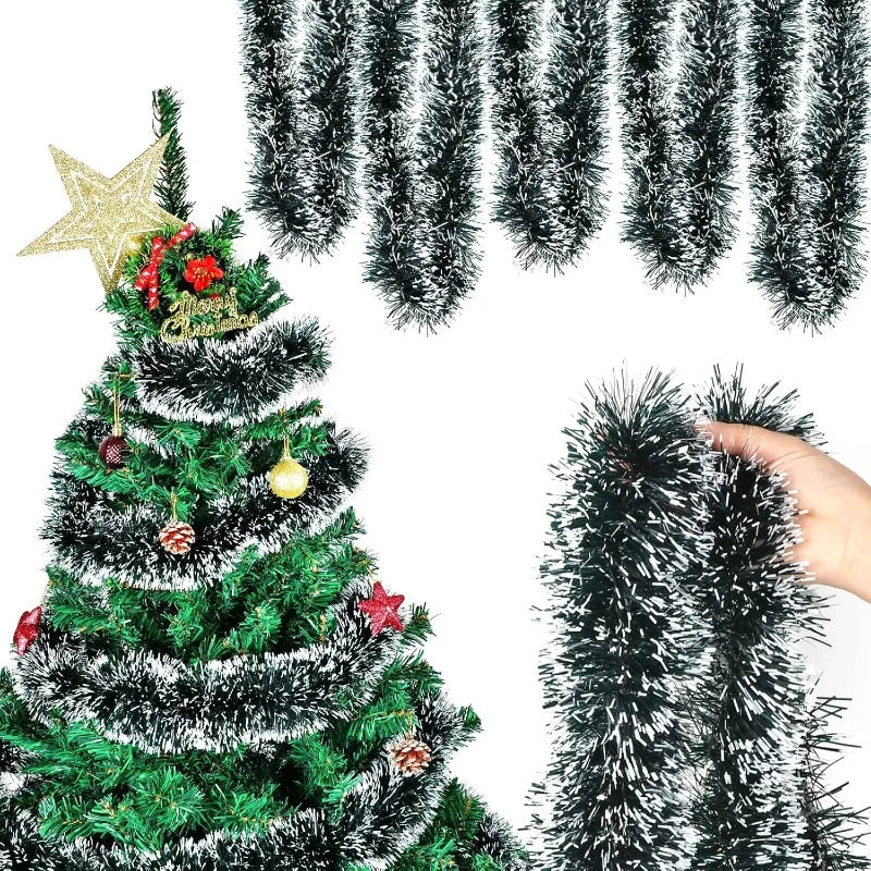 Green and White Christmas tinsel from 2 to 20 meters. For decorating a room or a Christmas tree.