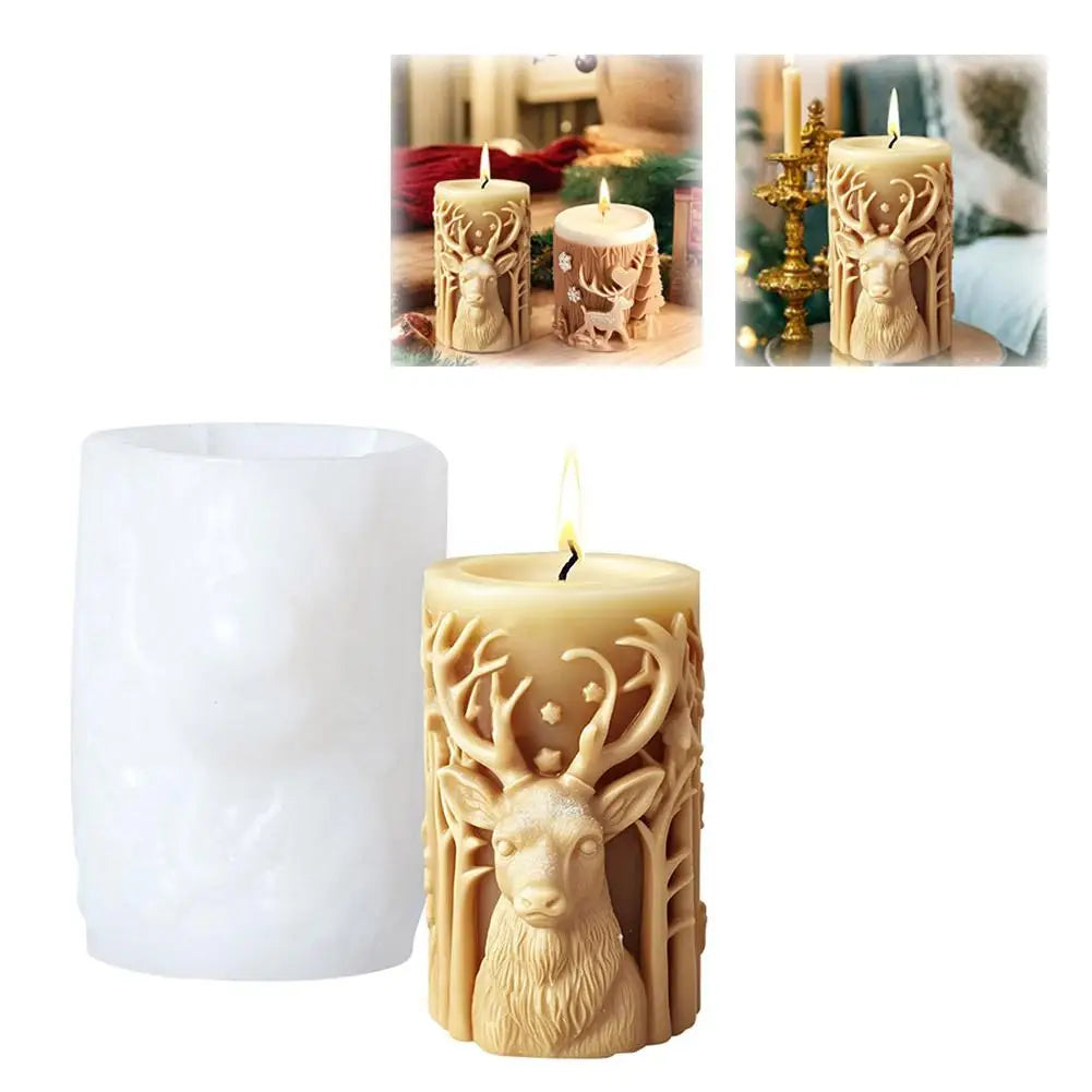 Christmas Tree Carving Pattern Cylindrical Candle 3D Silicone Mold Reindeer Snowflake Cylindrical Elk Candle Mold